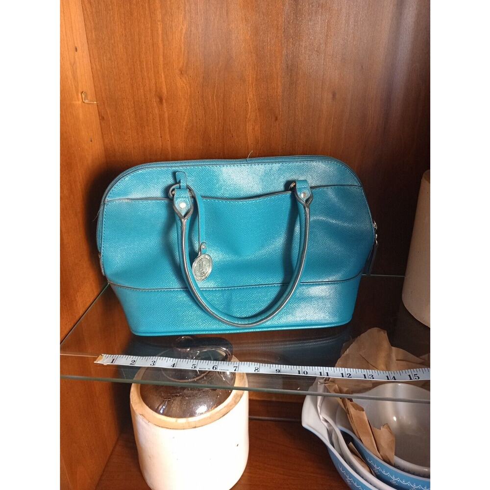 London Fog Teal Faux Leather Dual Handle Satchel Handbag Tote Purse Pockets